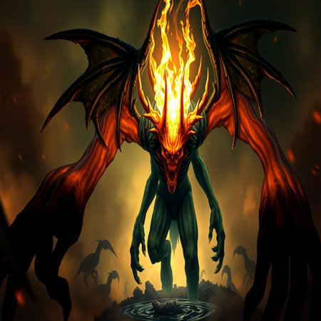 Fantasy illustration of a dragon with fire on a dark background.