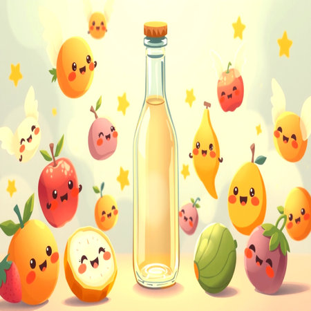Fruit juice in a bottle with kawaii faces. Vector illustration.の写真素材