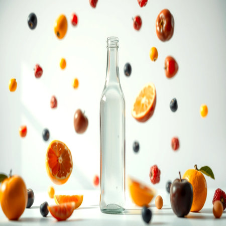 Bottle of water with fruits falling on white background, close upの写真素材