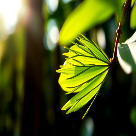Close up of green palm leaf in the sunlight. Nature background.の写真素材