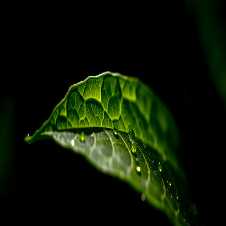 Green leaf with drops of water on black background. Close up.