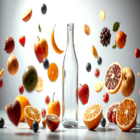 Bottle of water with falling fruits on white background. Mixed media