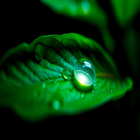 Water drop on green leaf with dark background. Close up of water drop on green leaf.