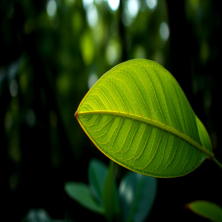 Close up of a green leaf on blurred background, Nature background.の写真素材