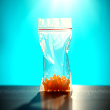 Plastic bag with pills on blue background. Focus on foreground.の写真素材