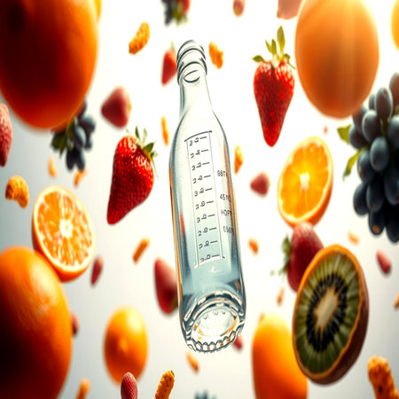Falling fruits and bottle of water on white background, closeupの写真素材