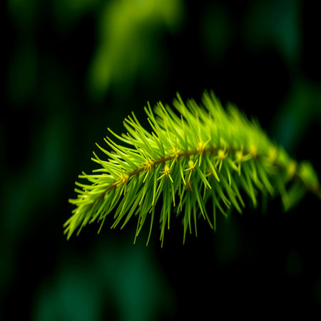 Close up of young green spruce twig on black background.の写真素材