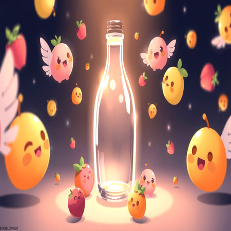 illustration of glass bottle of milk with cute cartoon fruits on dark backgroundの写真素材