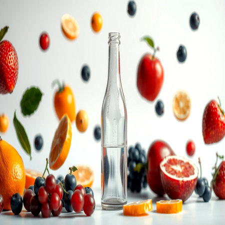 Bottle of water with fruits and berries on a white background.の写真素材