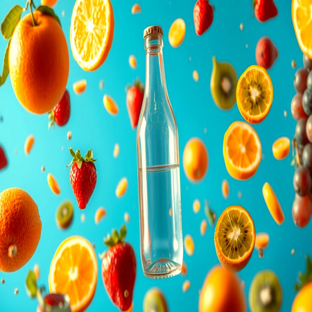 Bottle of water with falling fruits on blue background, closeupの写真素材