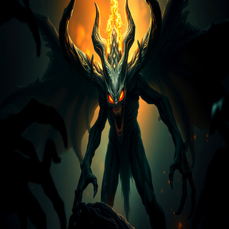 3D rendering of a fantasy alien creature with horns and a bright flame