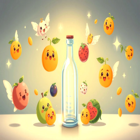 Funny kawaii fruits in a bottle. Vector illustration.の写真素材