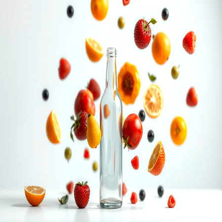 Bottle with falling fruits and berries on white background.の写真素材