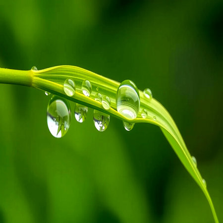 Water drops on green grass blade. Nature background with copy space.