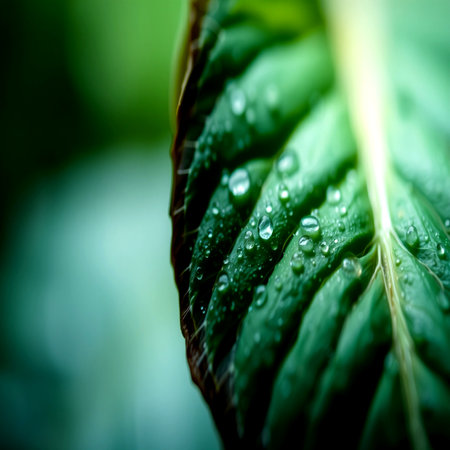 Close up of green leaf with water droplets. Nature background.