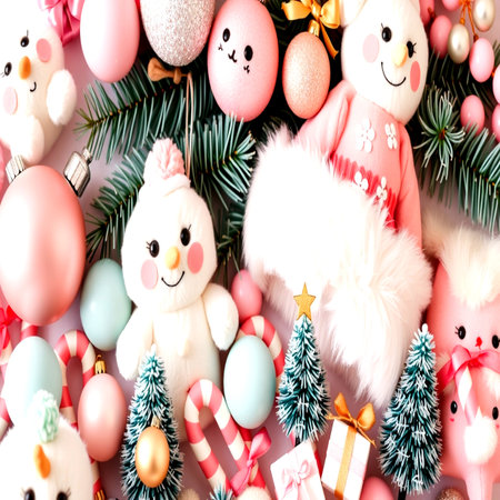 Christmas and New Year background. Cute white snowman, fir tree branches, candy canes and Christmas...