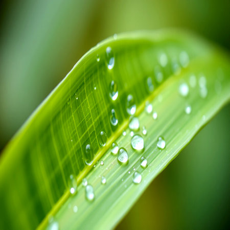 Water drops on the green leaf. Shallow depth of field.