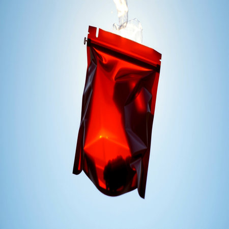 Red plastic garbage bag on a blue sky background. Plastic waste recycling concept.