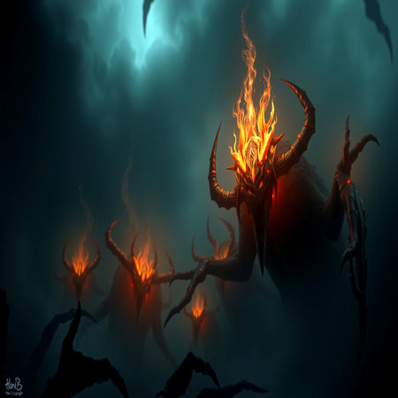 3D illustration of a man with horns and fire on a dark background