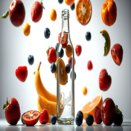 Bottle with falling fruits and berries on a white backgroundの写真素材