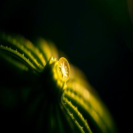 Macro shot of water drop on green leaf with dark background.の写真素材