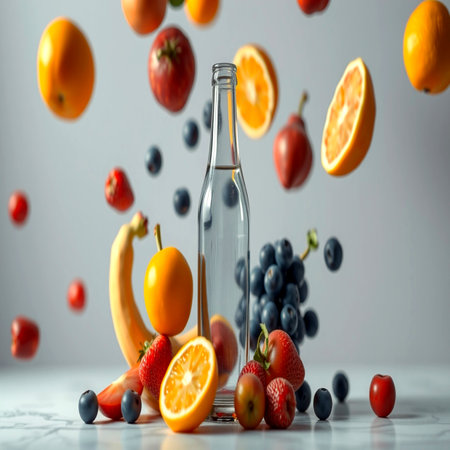 Fresh fruits and vegetables falling into a bottle of water on a white backgroundの写真素材