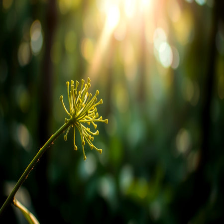 Fennel flower in the morning sun with bokeh background