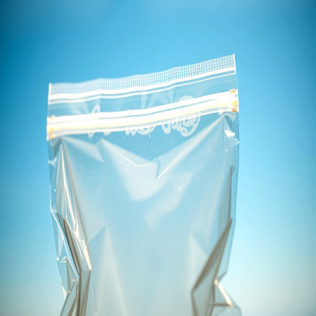 close up of a plastic bag on a blue background with copy space