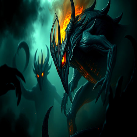 3D rendering of a fantasy dragon with fire and smoke in a dark space