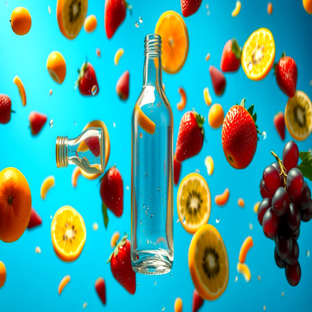 Falling fruits and bottle of water on blue background with splashesの写真素材