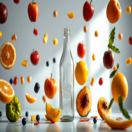 Bottle of water with falling fruits and berries on a white backgroundの写真素材