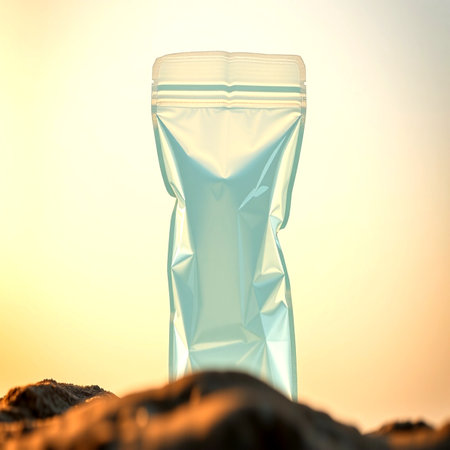 Plastic bag on the beach at sunset.の写真素材