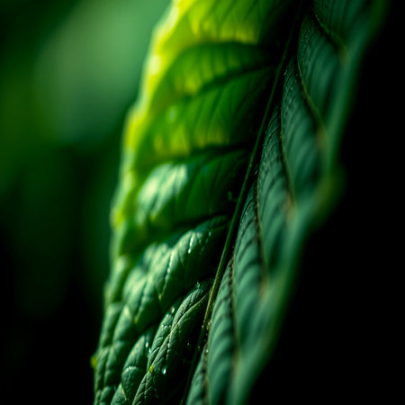 Close up of green leaf with water drops on it. Nature background