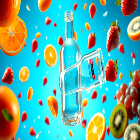 Bottle of liquid and falling fruits on blue background. 3d renderingの写真素材