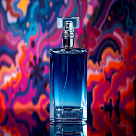Perfume bottle on abstract colorful background. Perfumery concept.