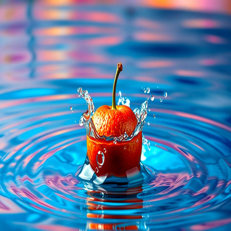 Fruit falling into water with splash and ripples on blue backgroundの写真素材