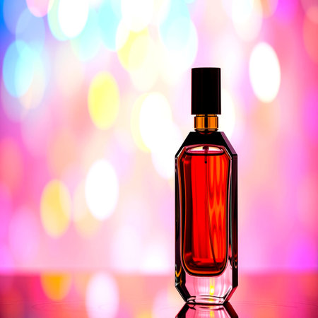 Perfume bottle on colorful bokeh background with copy space