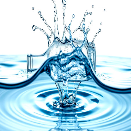 Water splash close up isolated on white background. Blue water splash with ripplesの写真素材