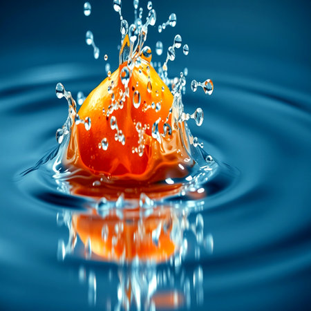 Splash of water with orange fruit on a blue background. Drops of water.の写真素材