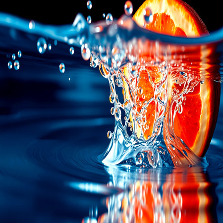 Slices of orange falling into water with splash on black backgroundの写真素材