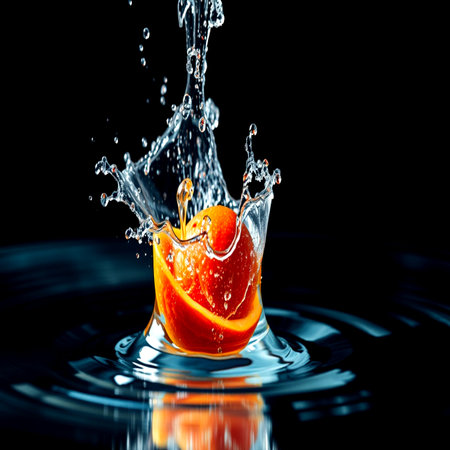Slice of orange falling into water with splash, isolated on black backgroundの写真素材