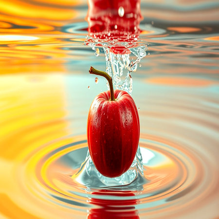 Red apple falling into water with ripples and ripples on orange backgroundの写真素材