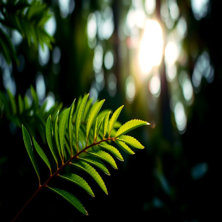 Close up of fresh green leaves on blurred nature background with sunlight.