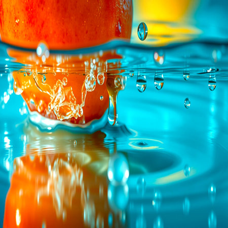 Macro shot of fruits falling into water with splash and ripplesの写真素材