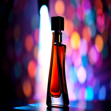 Perfume bottle on colorful bokeh background, close up