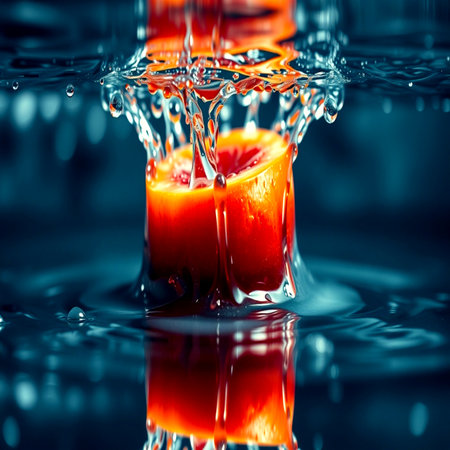 Oranges falling into water with splash on dark blue background.