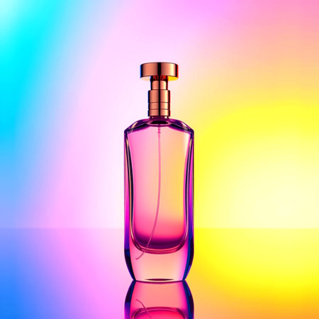 Perfume bottle on a colorful background. 3d illustration.の写真素材