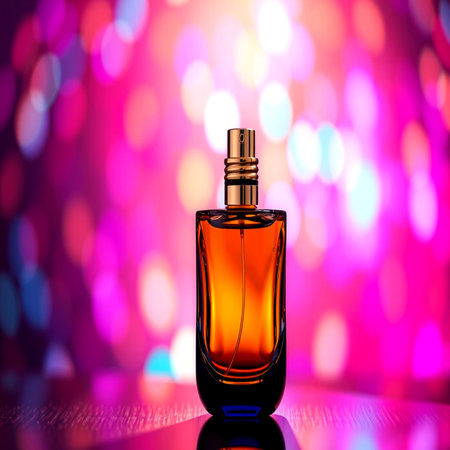 Perfume bottle on colorful bokeh background, close upの写真素材