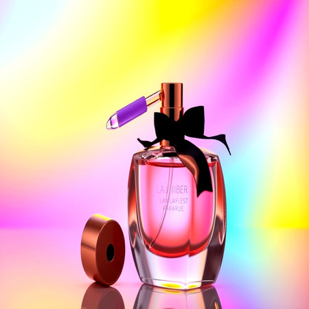 Perfume bottle on a colorful background. 3d illustration.