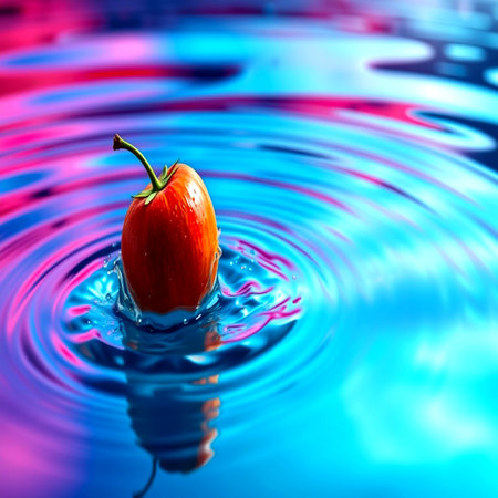 Red apple falling into water with ripples and ripples on blue backgroundの写真素材